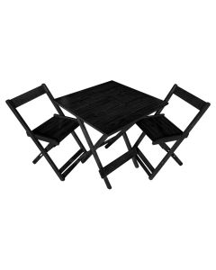 Mesa Dobrável em Madeira Maciça 70x70cm para Restaurantes e Lanchonetes com 2 Cadeiras - Preto